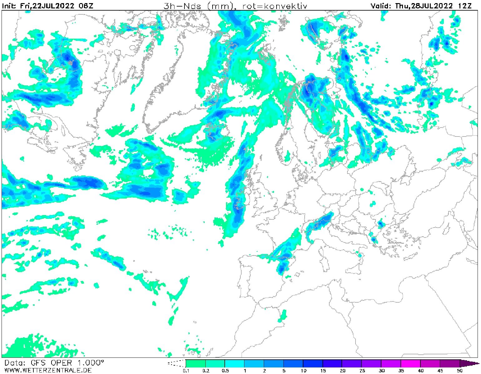 Tormentas en Catalunya jueves 28 julio 2022 / GFS Wetterzentrale