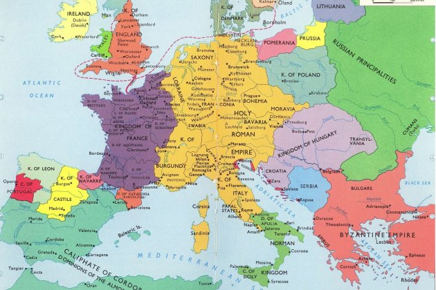 Mapa de la distribució política d'Europa a principis del segle XII. Font Pinterest