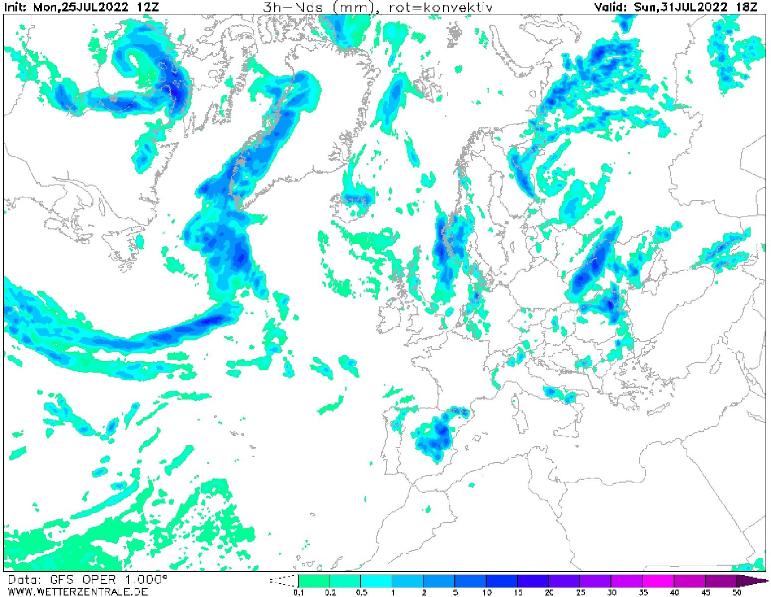 Mapa tempestes Catalunya diumenge 31 de juliol / GFS Wetterzentrale