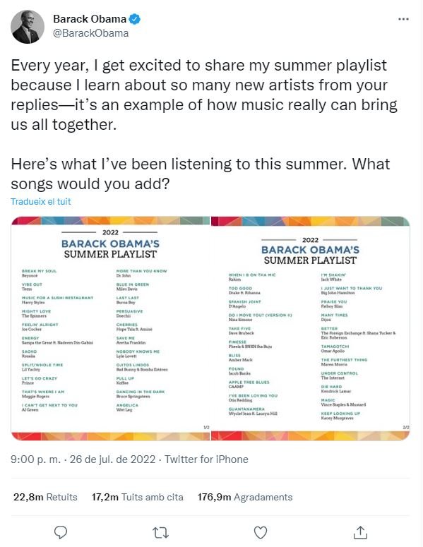 Tuit Barack Obama lista musica verano 2022