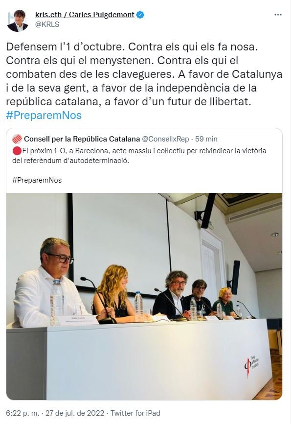 Tuit Carles Puigdemont acto Consell per la República 5 años 1 O