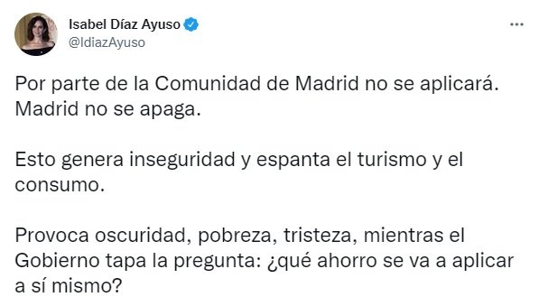 TUIT isabel dia ayuso consum energia