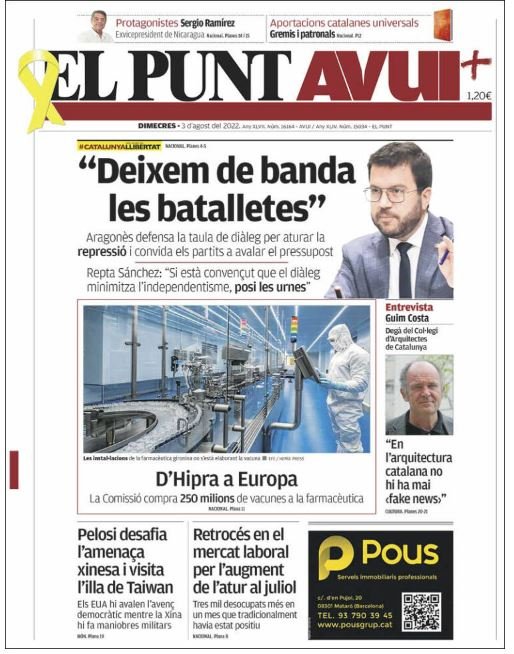 El punt avui portada 3 agost 2022 El punt avui portada 3 agost 2022