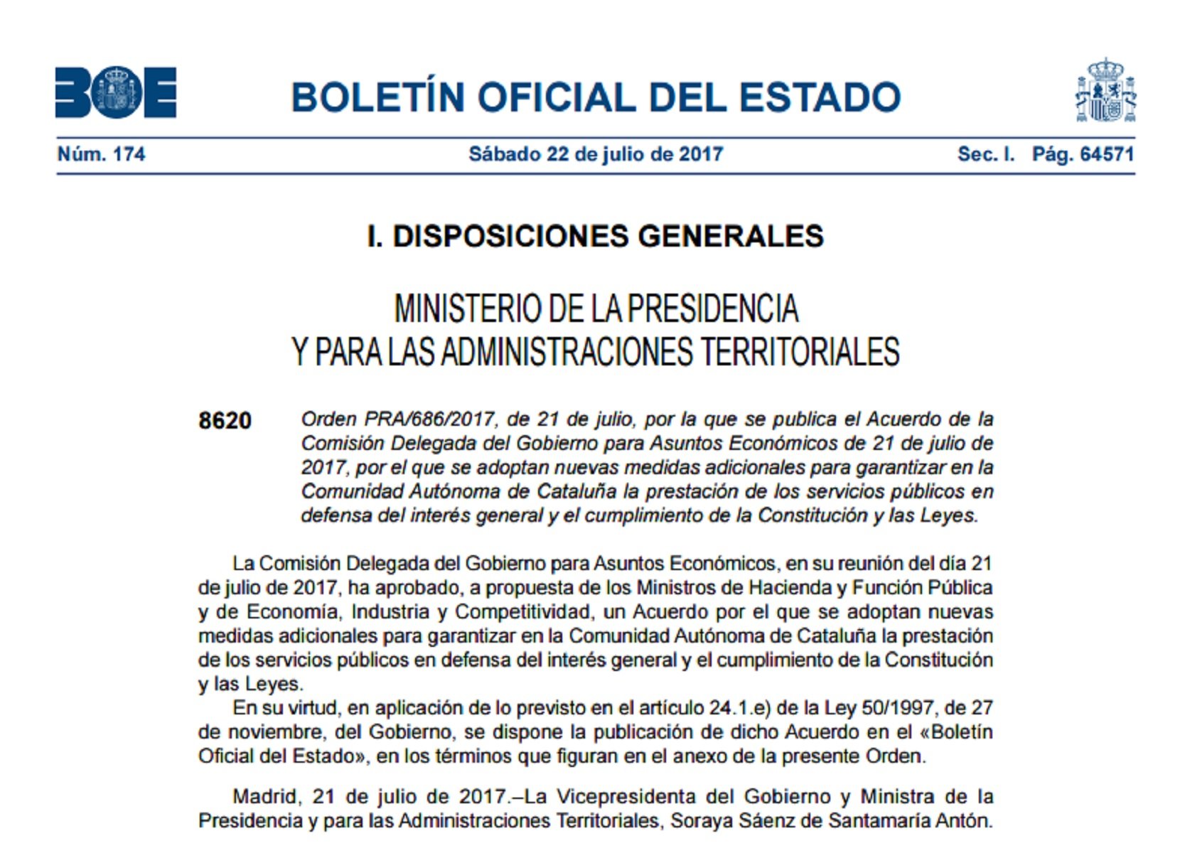 El BOE publica la orden para evitar que la Generalitat financie el referéndum