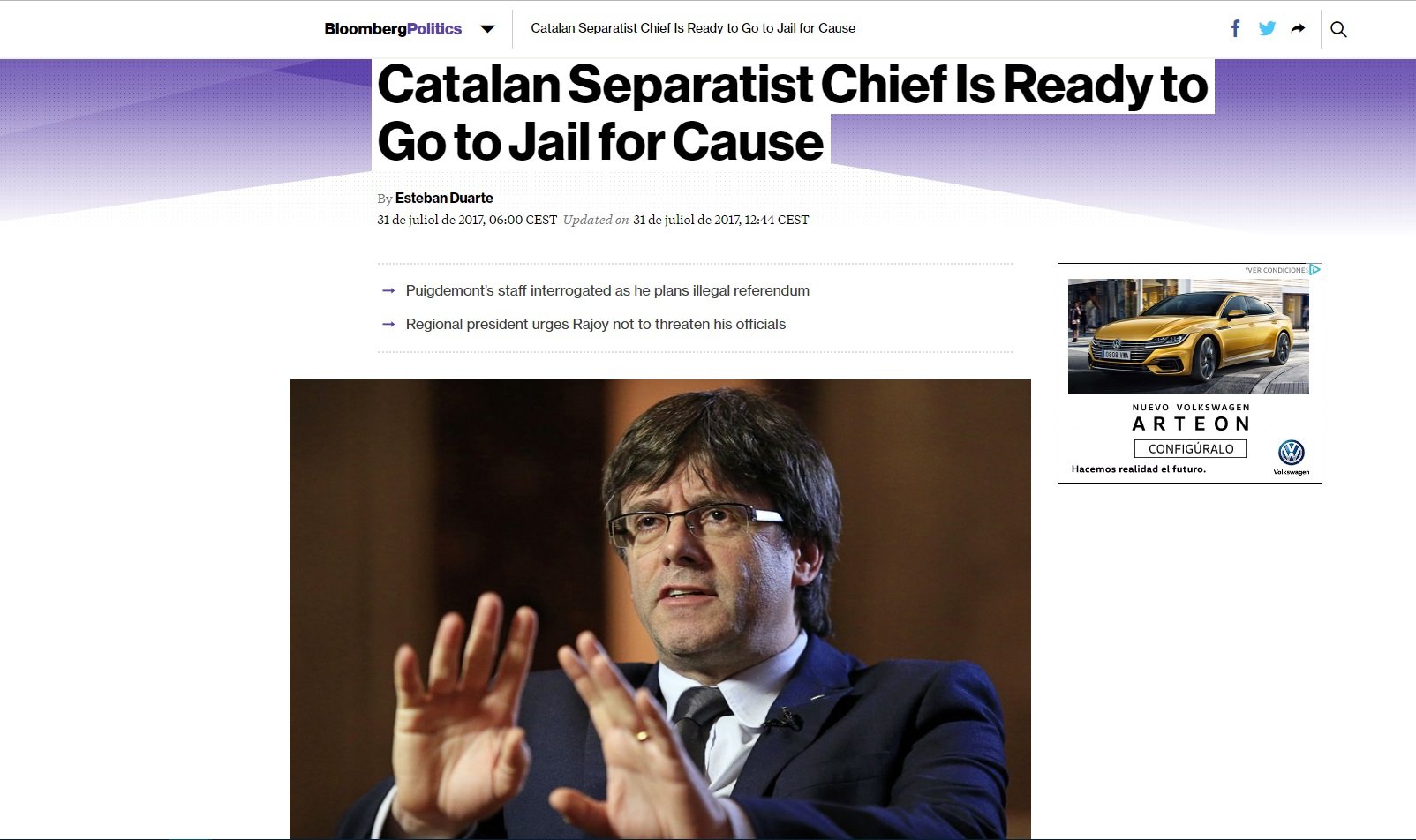 Bloomberg: "Puigdemont está preparado para ir a la cárcel"