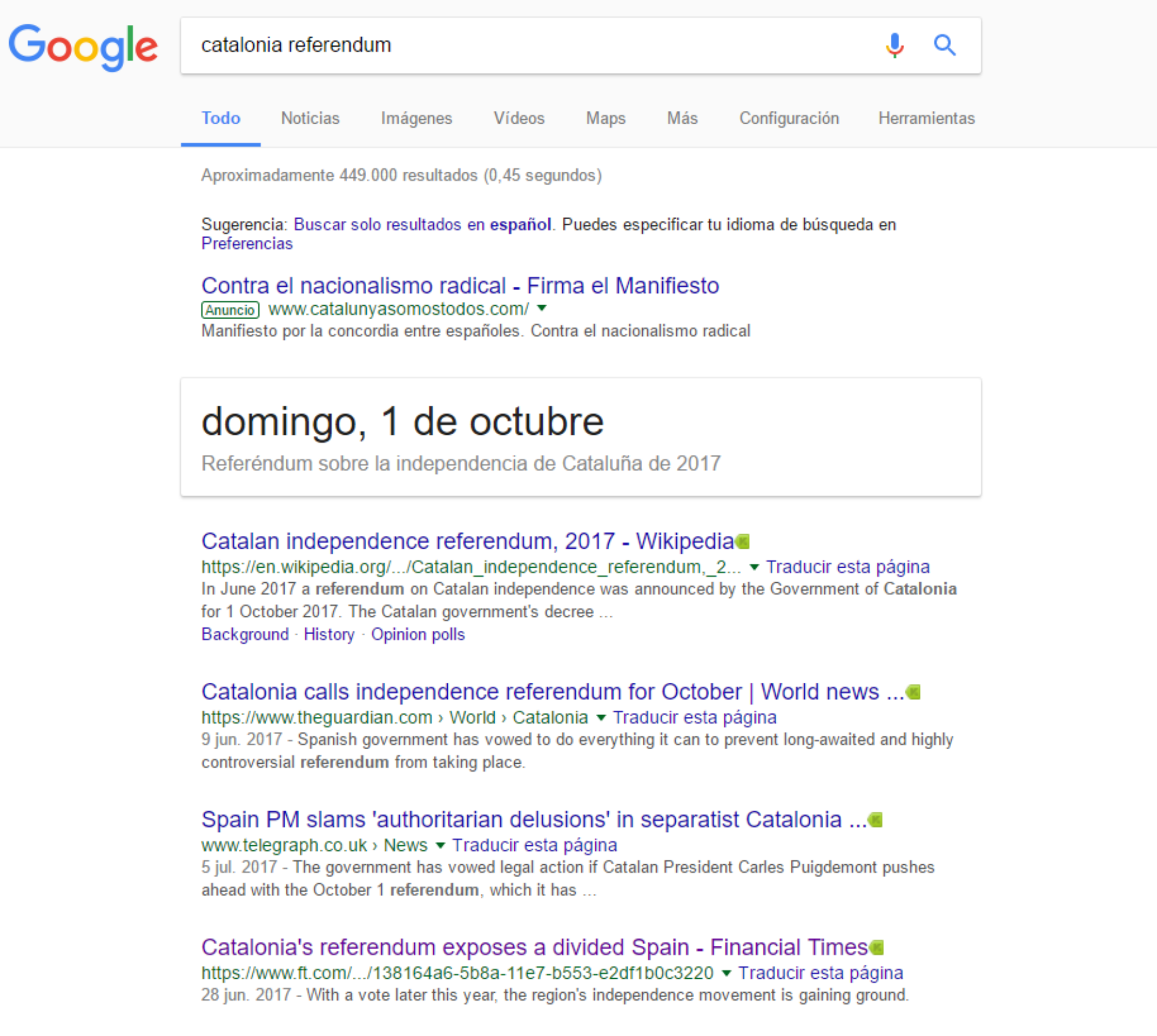 Google da por hecho que el 1-O habrá un referéndum