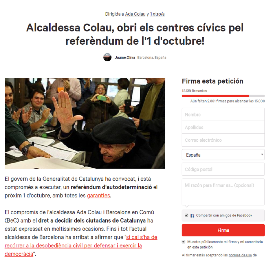 Recogidas miles de firmas para que Colau deje votar el 1-O
