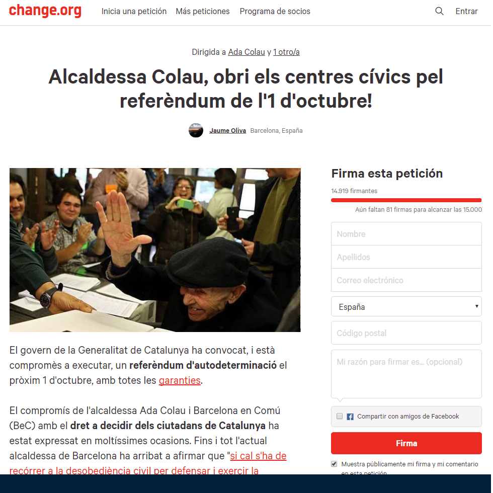 Más de 14.900 firmas para que Colau permita votar el 1-O