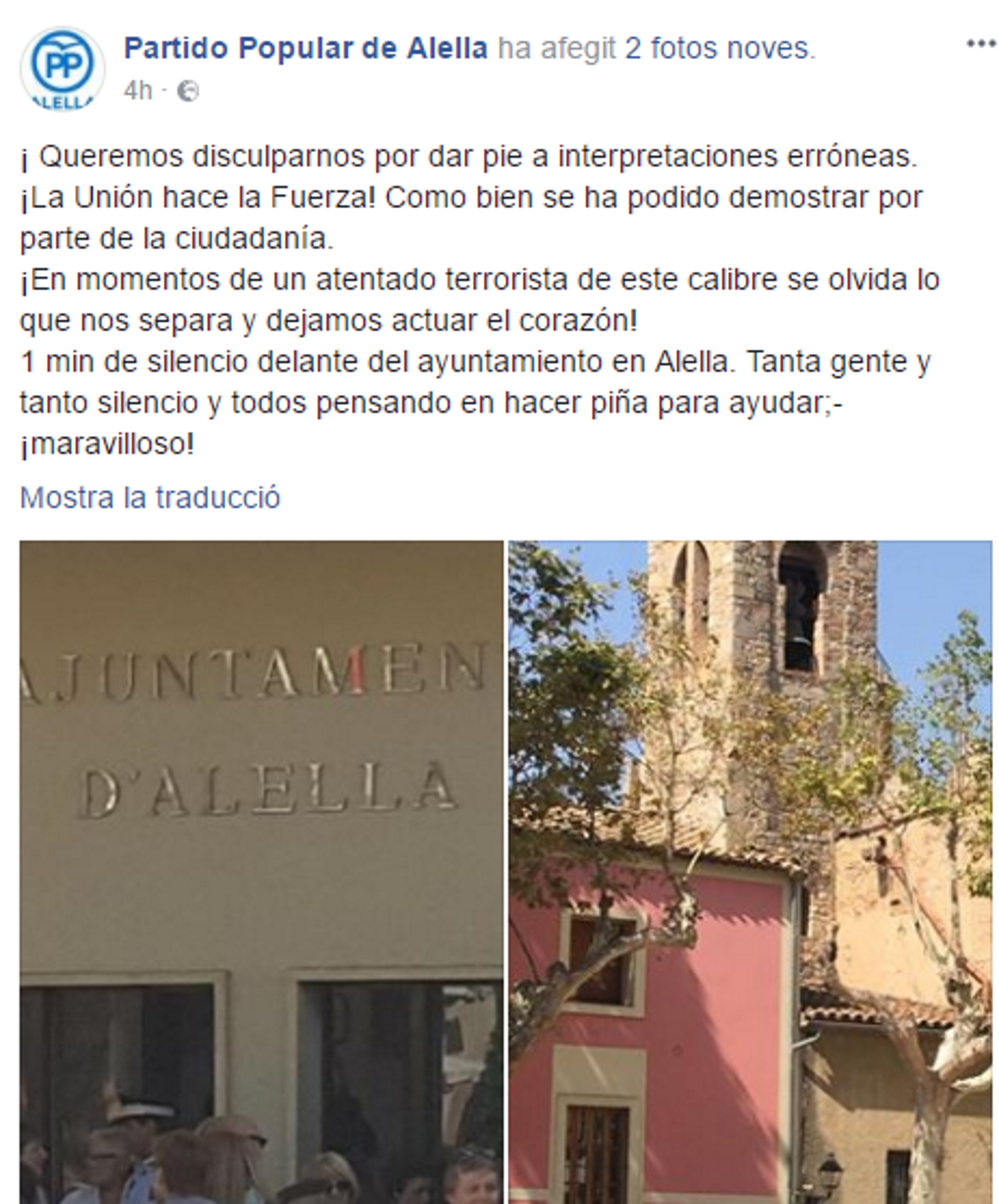 El PP de Alella se disculpa después de relacionar el atentado y la independencia