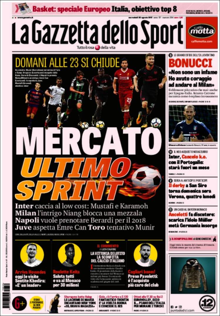 La Gazzetta dello Sport Portada 30 08 2017