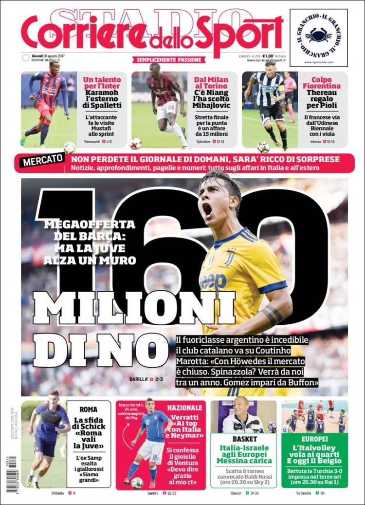 Corriere dello Sport Portada 31 08 2017