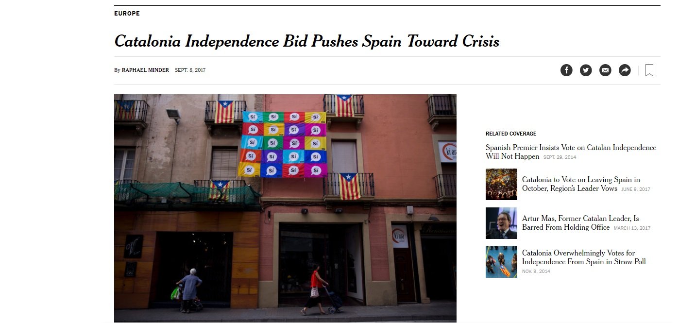 'The New York Times': "L'aposta de Catalunya per la independència porta Espanya a la crisi"