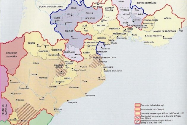 Batalla de Muret. Mapa dels estats vinculats a Barcelona abans de Muret. Font Wikimedia Commons