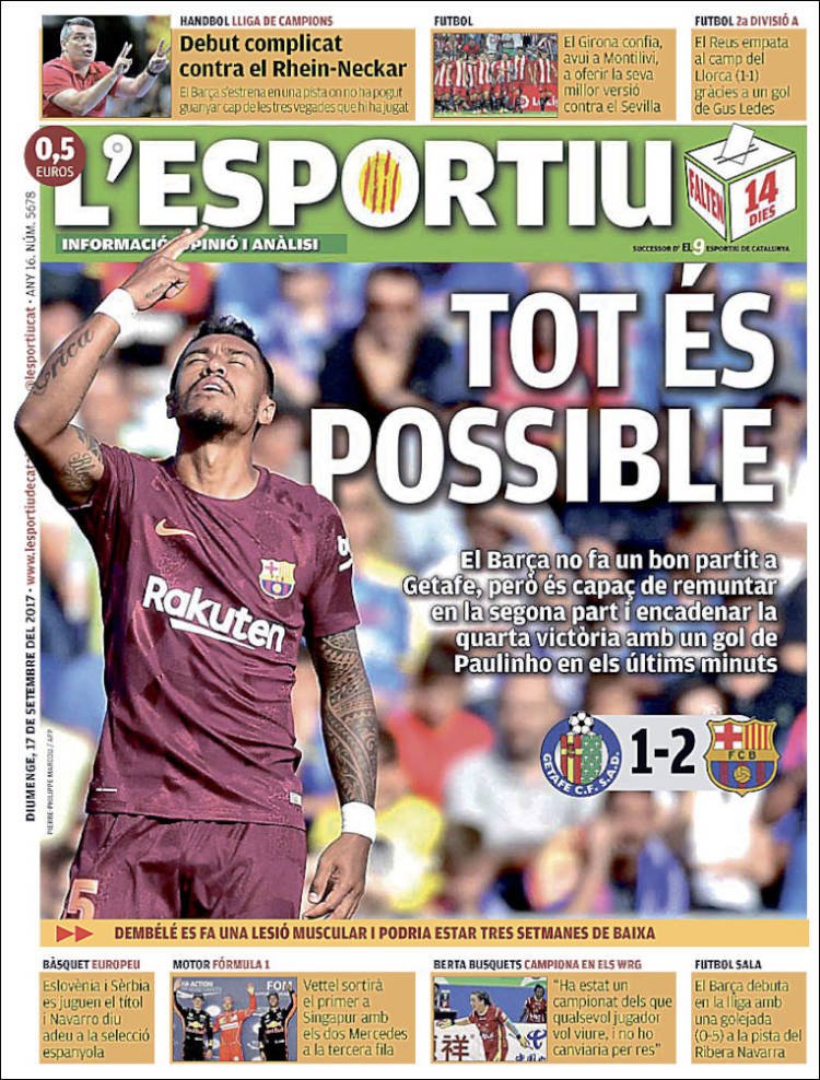 L'Esportiu Portada 17 09 2017 L'Esportiu Portada 17 09 2017