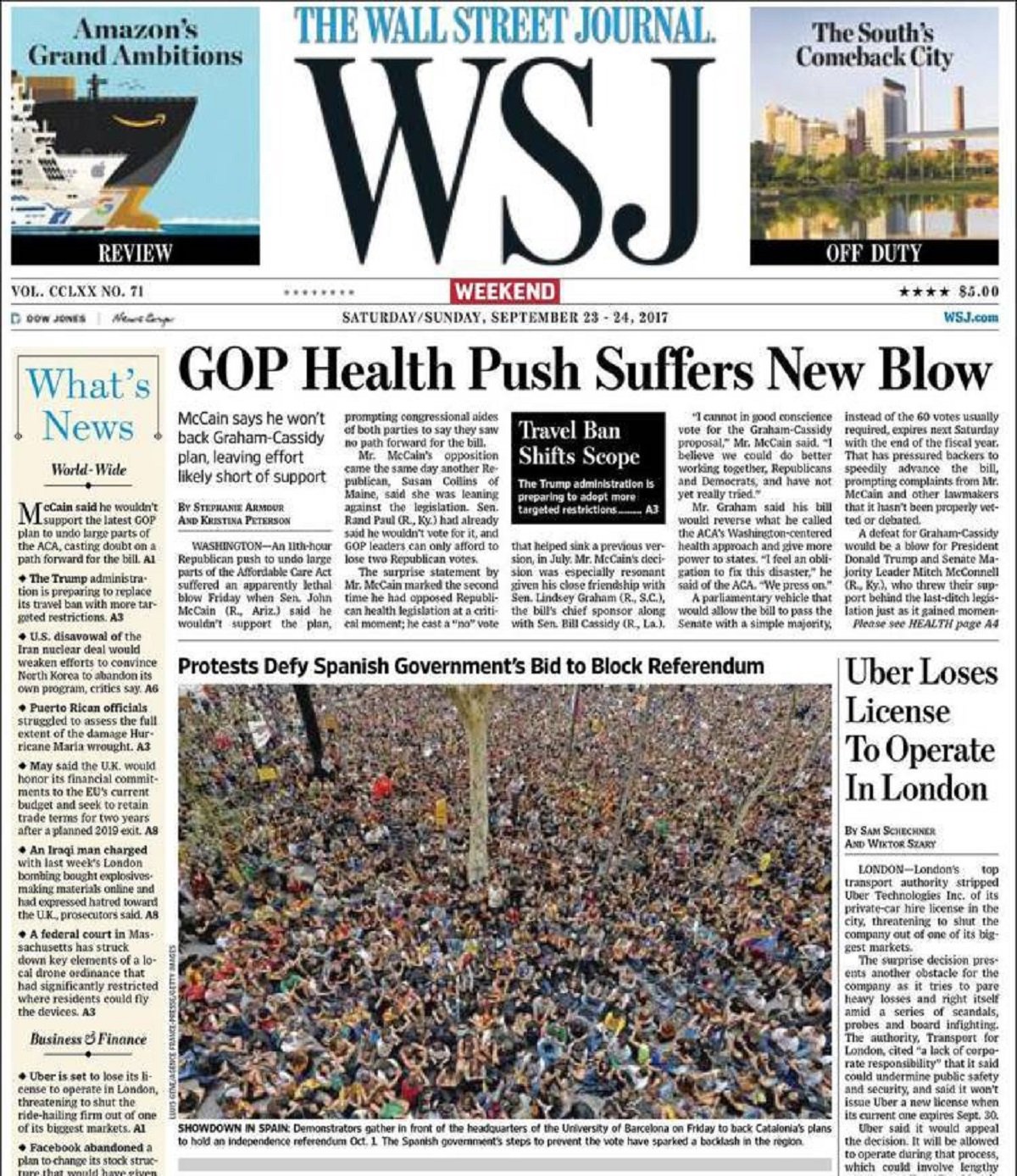 Las protestas de Barcelona en la portada del Wall Street Journal