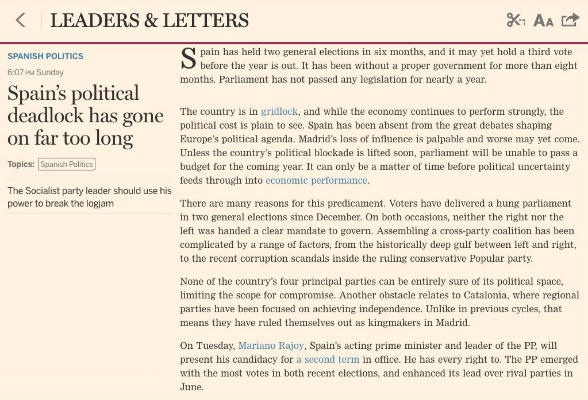 El 'Financial Times' dedica su editorial a una "España ausente"
