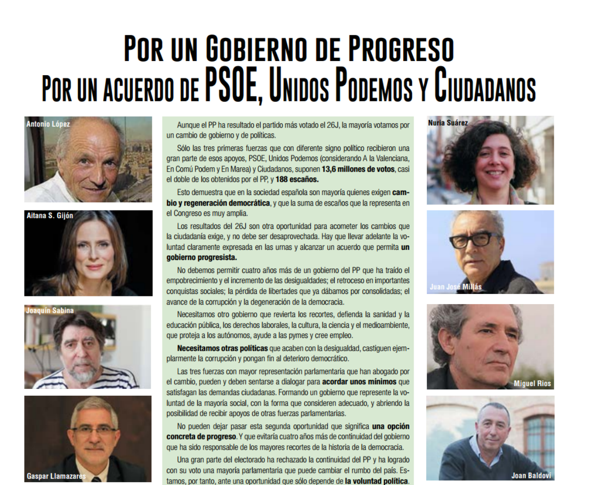 Un manifiesto propone un pacto PSOE-Podemos-C's de espaldas a Catalunya