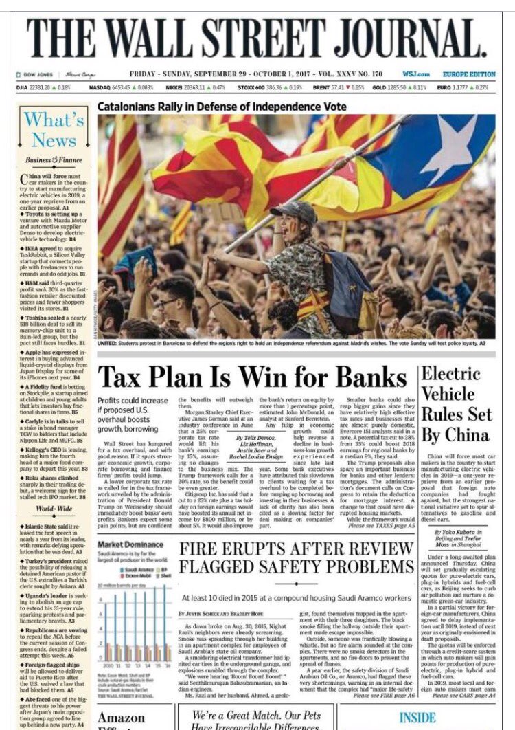 La carrera catalana para defender el voto independentista el 1-O, portada en 'Wall Street Journal'