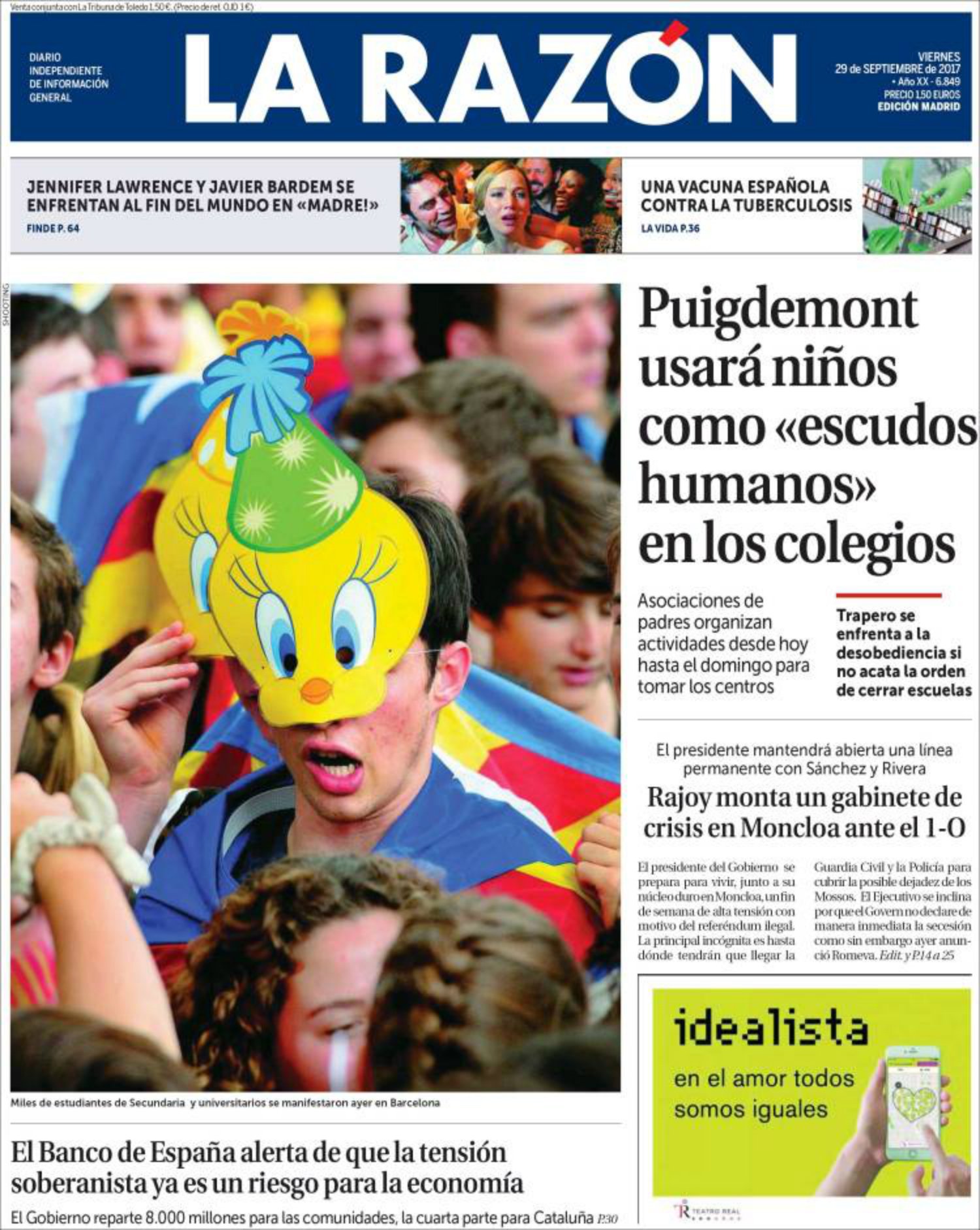 Les mentides de 'La Razón' comencen a la portada: "Puigdemont utilitzarà nens com a escuts humans"