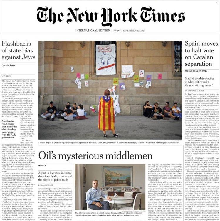 L'"agressivitat" de l'Estat contra l'1-O, a la portada del 'The New York Times'