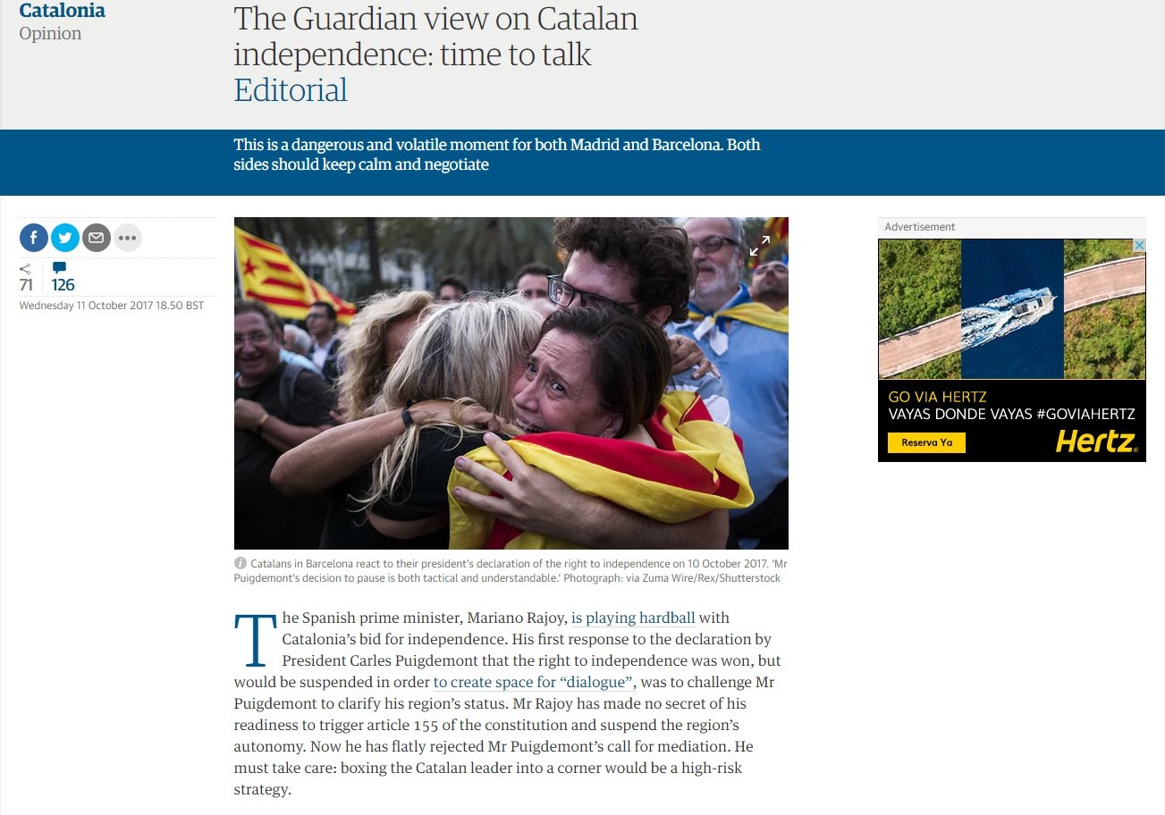 'The Guardian' urges Spain to avoid the "catastrophe" of Article 155