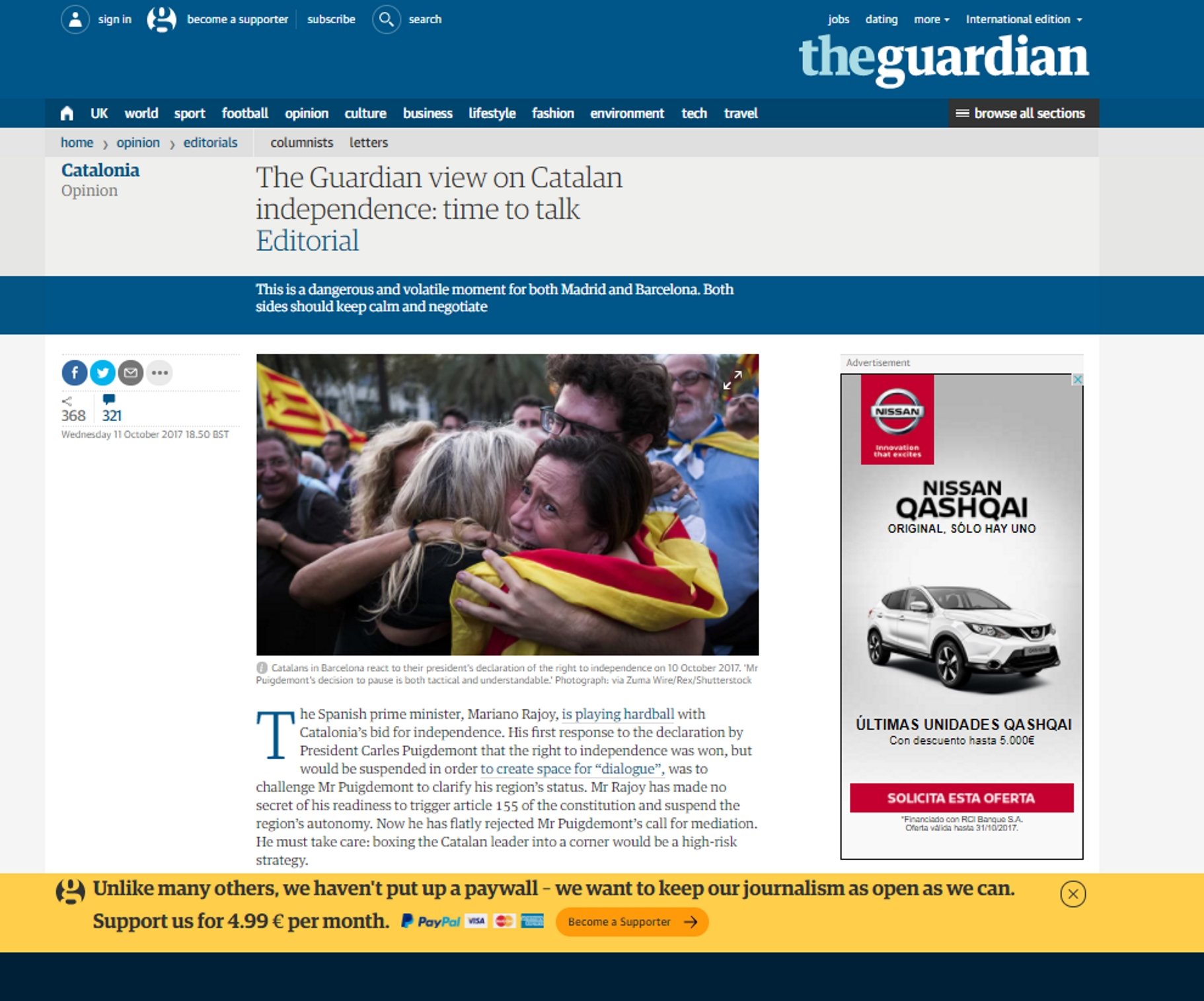 'The Guardian' advierte a Rajoy que no aplique el 155 por ser "de alto riesgo"