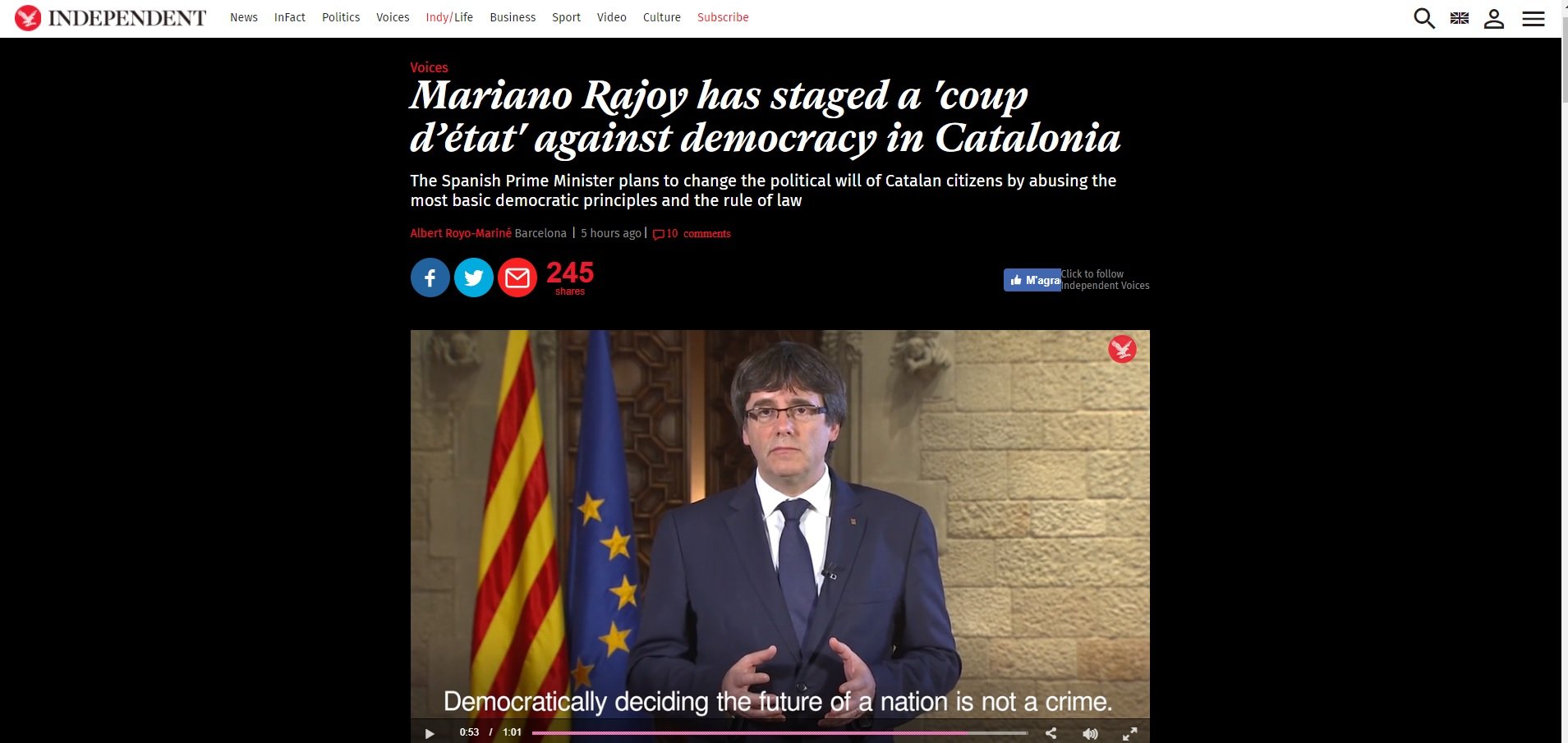 Un artículo de 'The Independent' acusa a Rajoy de haber realizado un "golpe de estado" a Catalunya