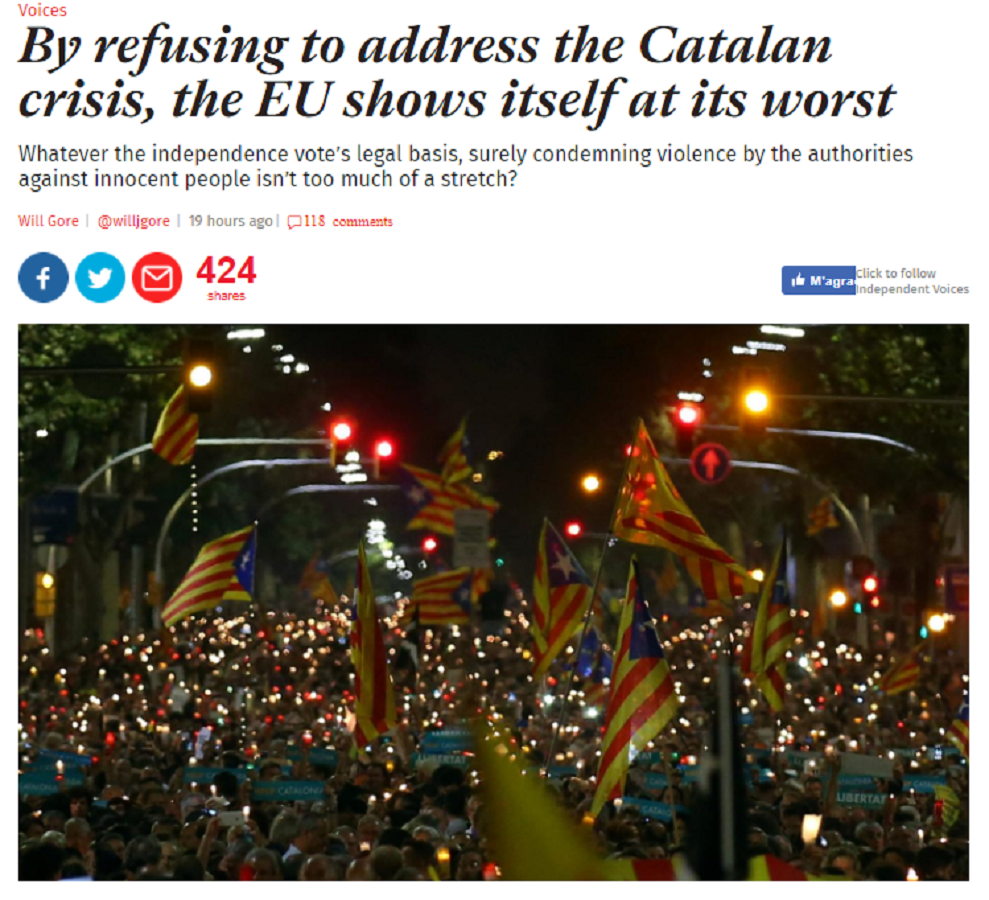 ‘The Independent’: “En la crisi catalana, la UE es mostra en la seva pitjor versió”