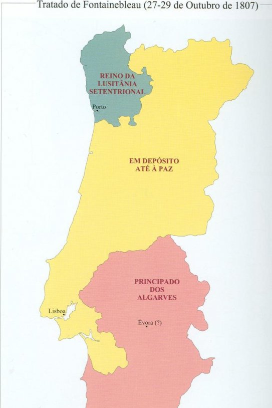 Napoleó i Godoy es reparteixen la Península Ibèrica. Mapa Portugal després del repartiment. Font Viquipèdia