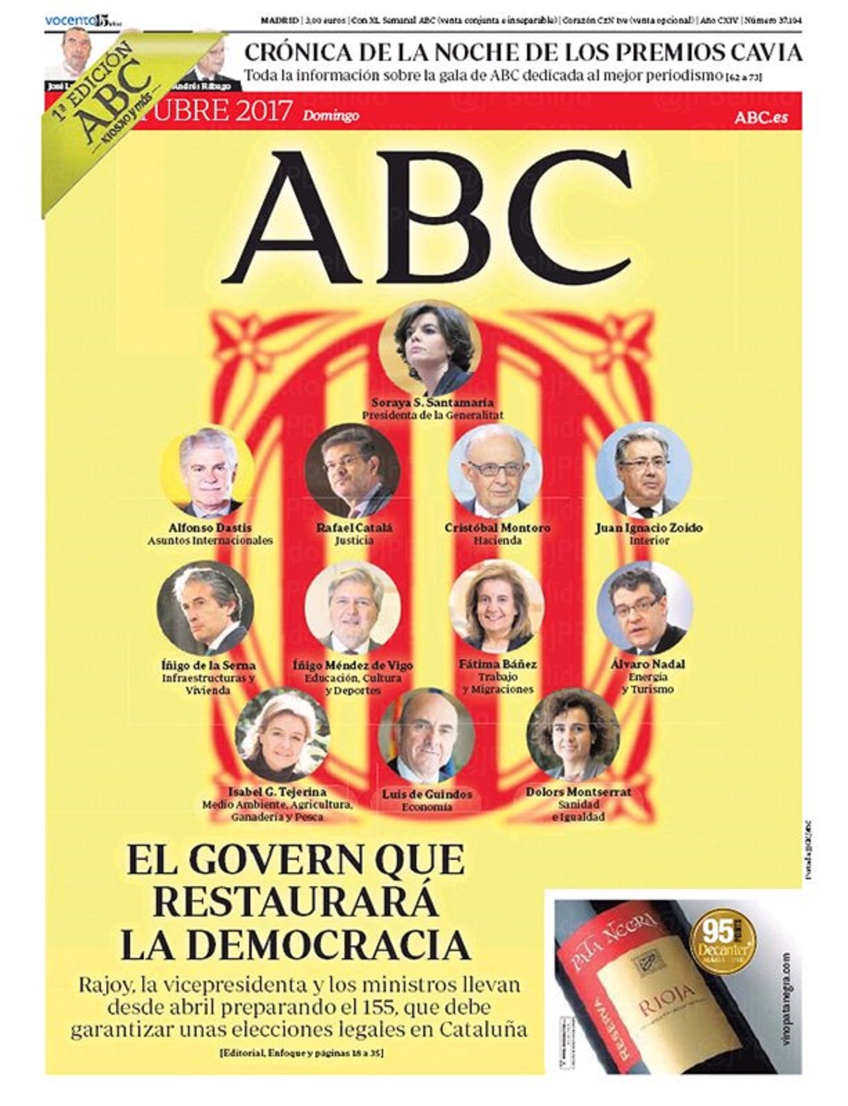 La exultante portada de 'ABC' que hace a Santamaría 'presidenta de la Generalitat'