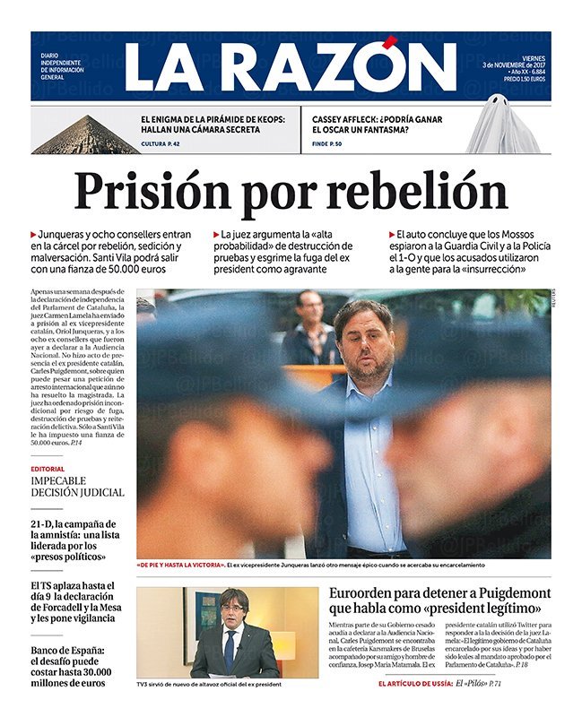 La premsa espanyola justifica l'empresonament del Govern i culpa Puigdemont