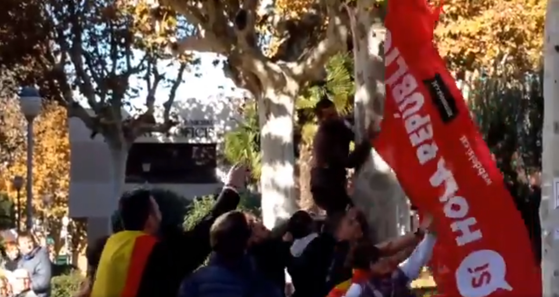 Manifestantes españolistas rompen pancartas en Olesa