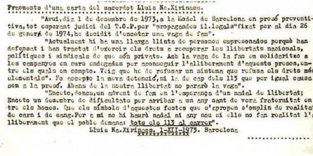 Xirinachs inicia una huelga de hambre por|para la libertad de los presos politics. Carta. Fuente Portal de información Libertad.cat (1)