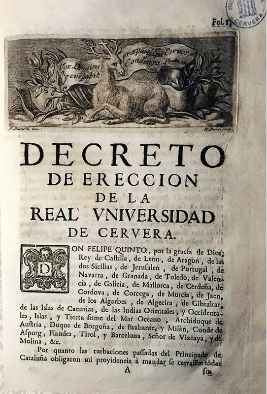 Decreto de Constitución de la Universidad de Cervera. Fuente Archivo Historic de Cervera