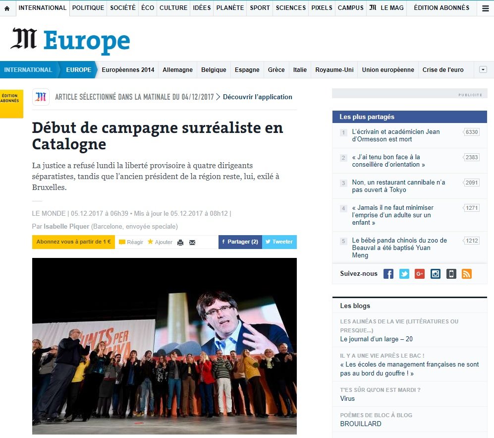 Le Monde: "Inicio de campaña surrealista en Catalunya"