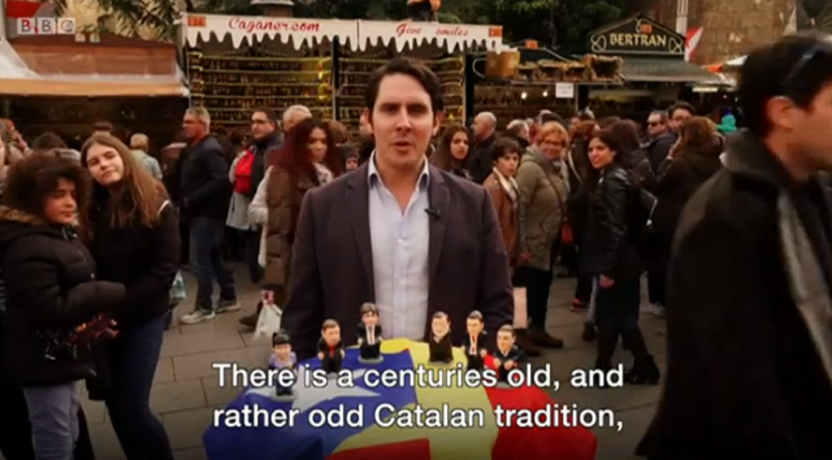 The BBC explains the Catalan election from Barcelona's Christmas market, with some special props