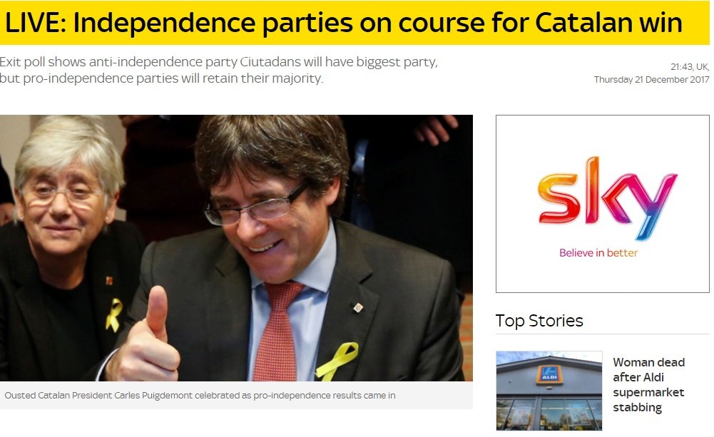 'Sky News': "Els partits independentistes encaren una majoria clara al Parlament"