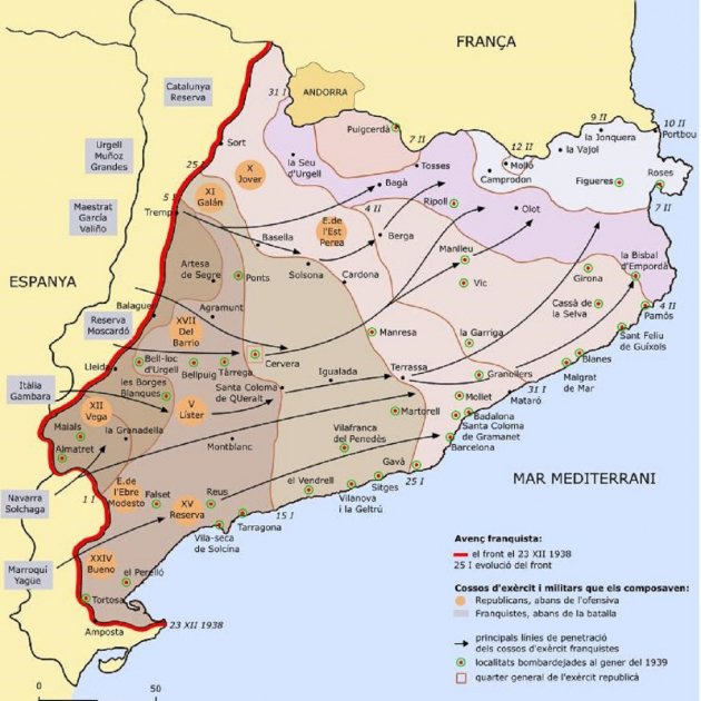 Franco inicia la ofensiva de conquista de Catalunya. Mapa de operaciones. Fuente Wikipedia