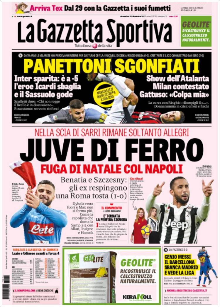 La Gazzetta dello Sport Portada 24 12 2017