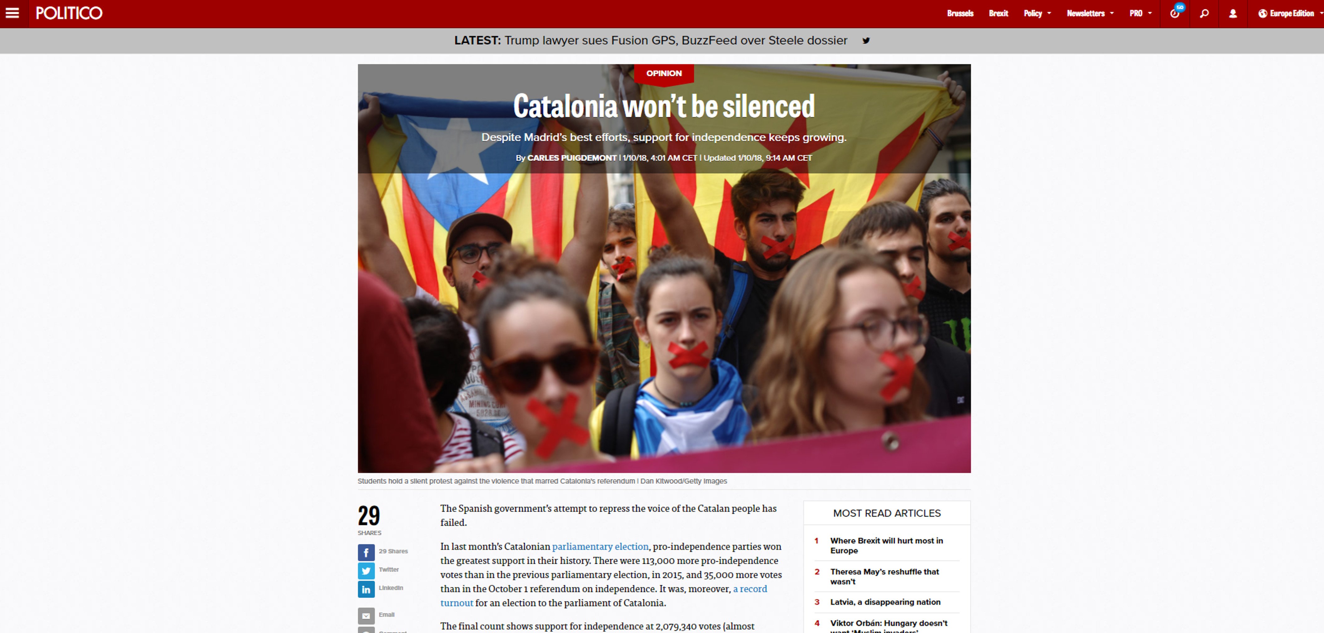 Puigdemont, a 'Politico': "El suport incondicional de la UE a Rajoy no resol la situació"