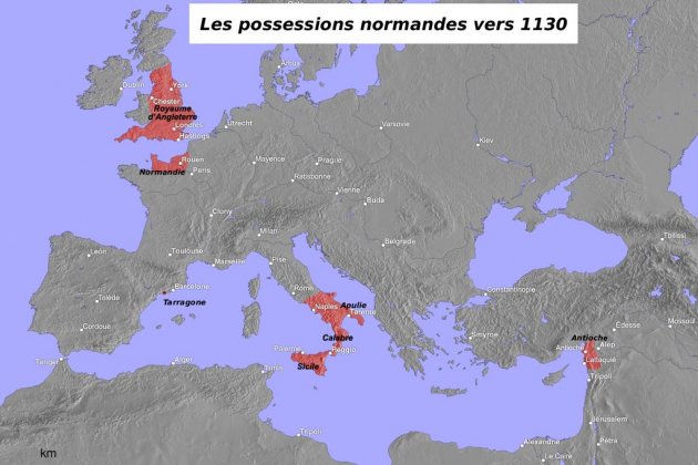 Neix Roger de Llúria, un viking a la cort de Barcelona. Mapa posessions normandes l'any 1130. Font Wikimedia Commons