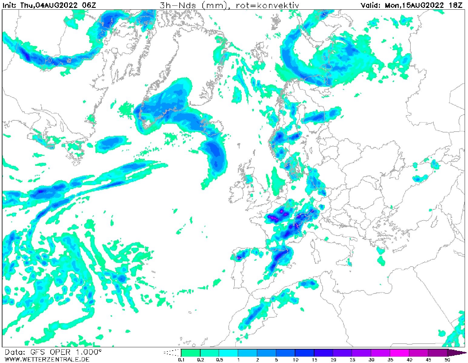 Mapa previst tempestes 15 d'agost 2022 a Catalunya / GFS Wetterzentrale