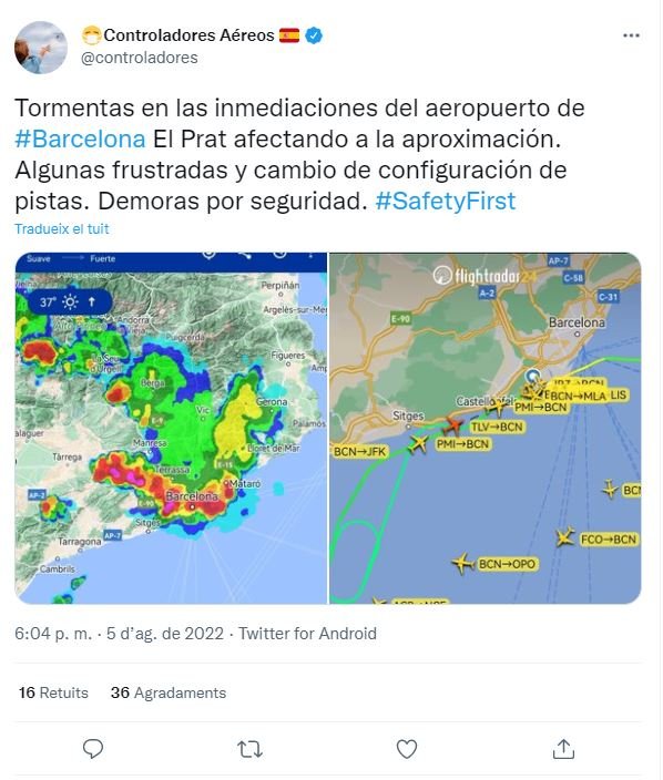 TUIT controladores aéreos tormenta barcelona aeropuerto del prado 5 agosto 2022