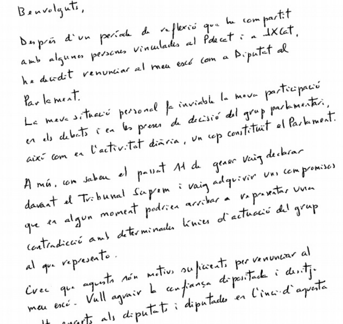 La carta manuscrita de renuncia de Forn