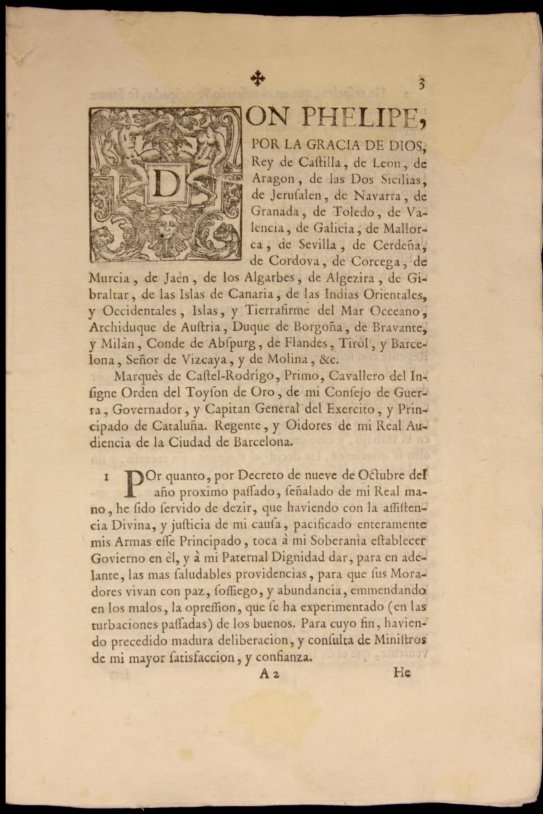 La Instrucción Secreta. El fiscal borbonic ordena la persecució de la llengua catalana. Primera plana del Decret de Nova Planta. Font Arxiu d'ElNacional