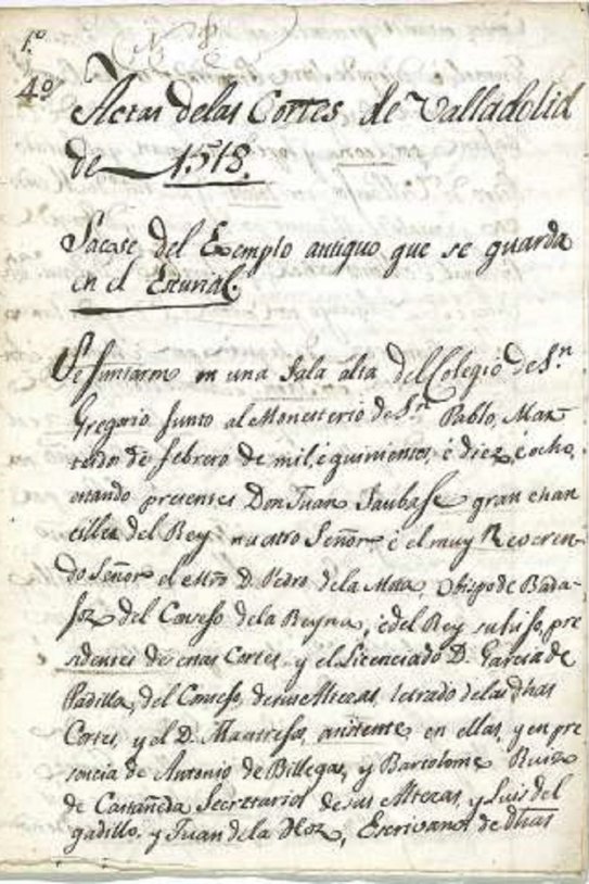 Acta de las Corts de Valladolid (1518). Fuente Biblioteca Digital de Castilla y León