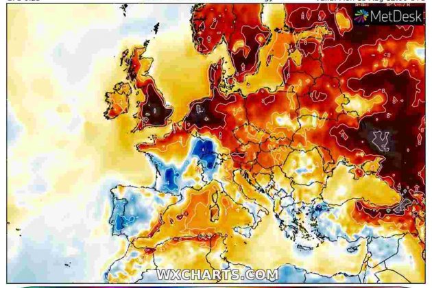 Anomalía de temperatura para el lunes 15 agosto a las 12h / WXCHARTS