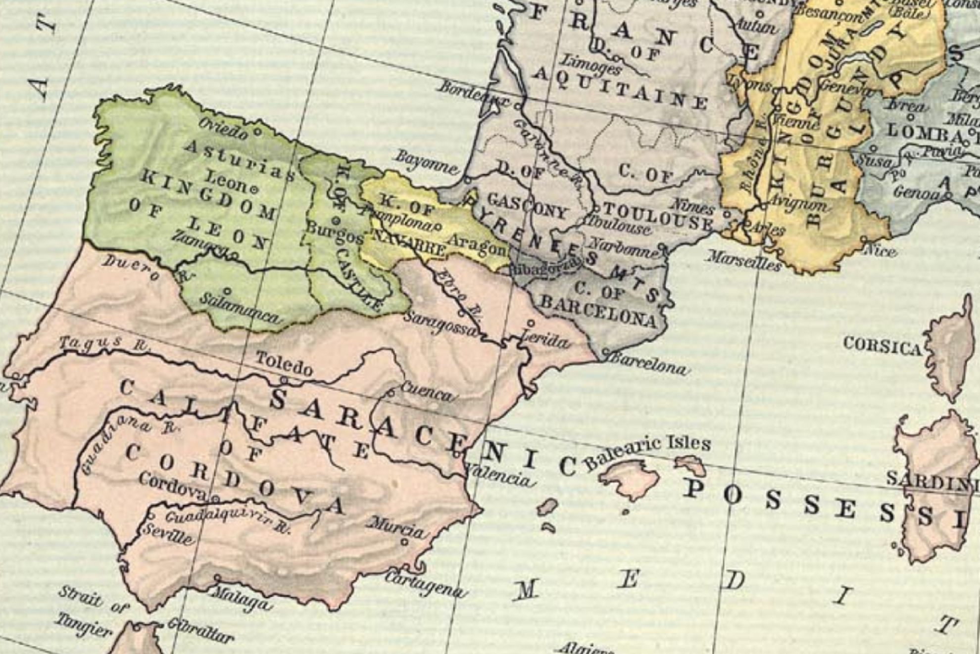 Mapa de l'Europa sud occidental a l'any 1000. Font Library of University of Texas (1927) Mapa de l'Europa sud occidental a l'any 1000. Font Library of University of Texas (1927)