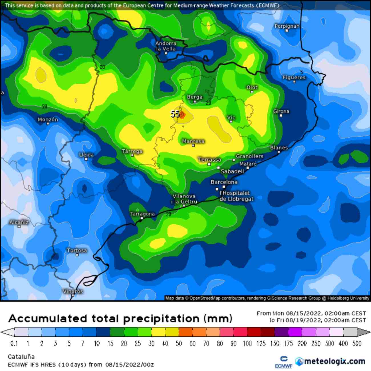 Previsió de pluja acumulada la setmana del 15 d'agost