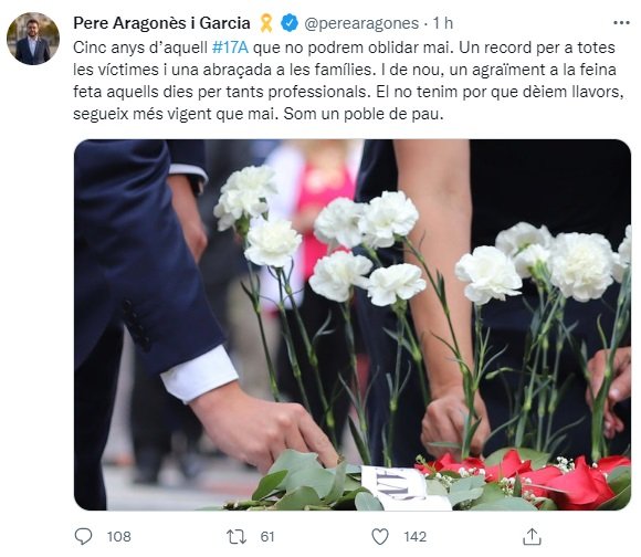 TUIT Pere Aragonès atentado barcelona 17.ª